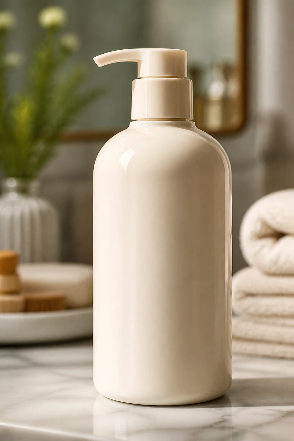 Plain bottle on a bathroom counter representing product picks for wavy hair and square faces