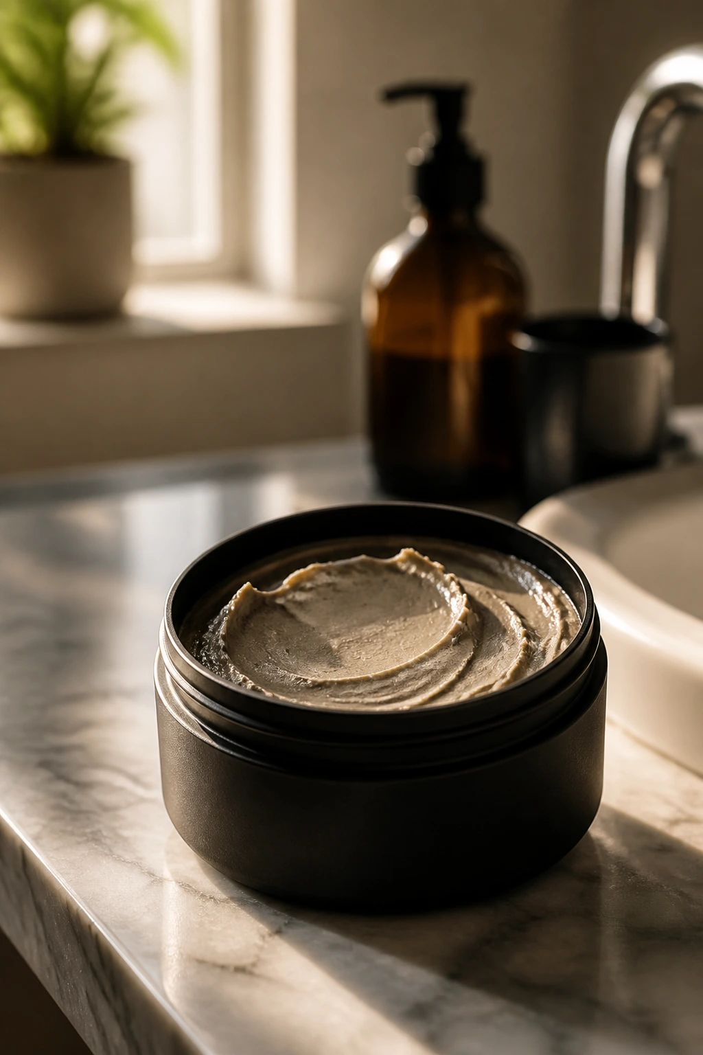 Close-up of an unlabeled hair product jar on a bathroom vanity