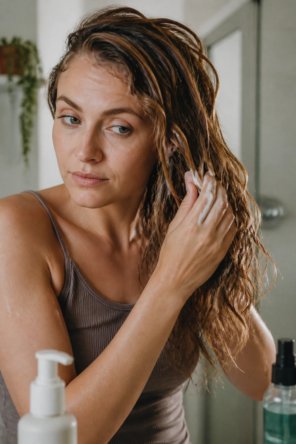 Real woman applying styling product to damp waves in a bathroom setting.