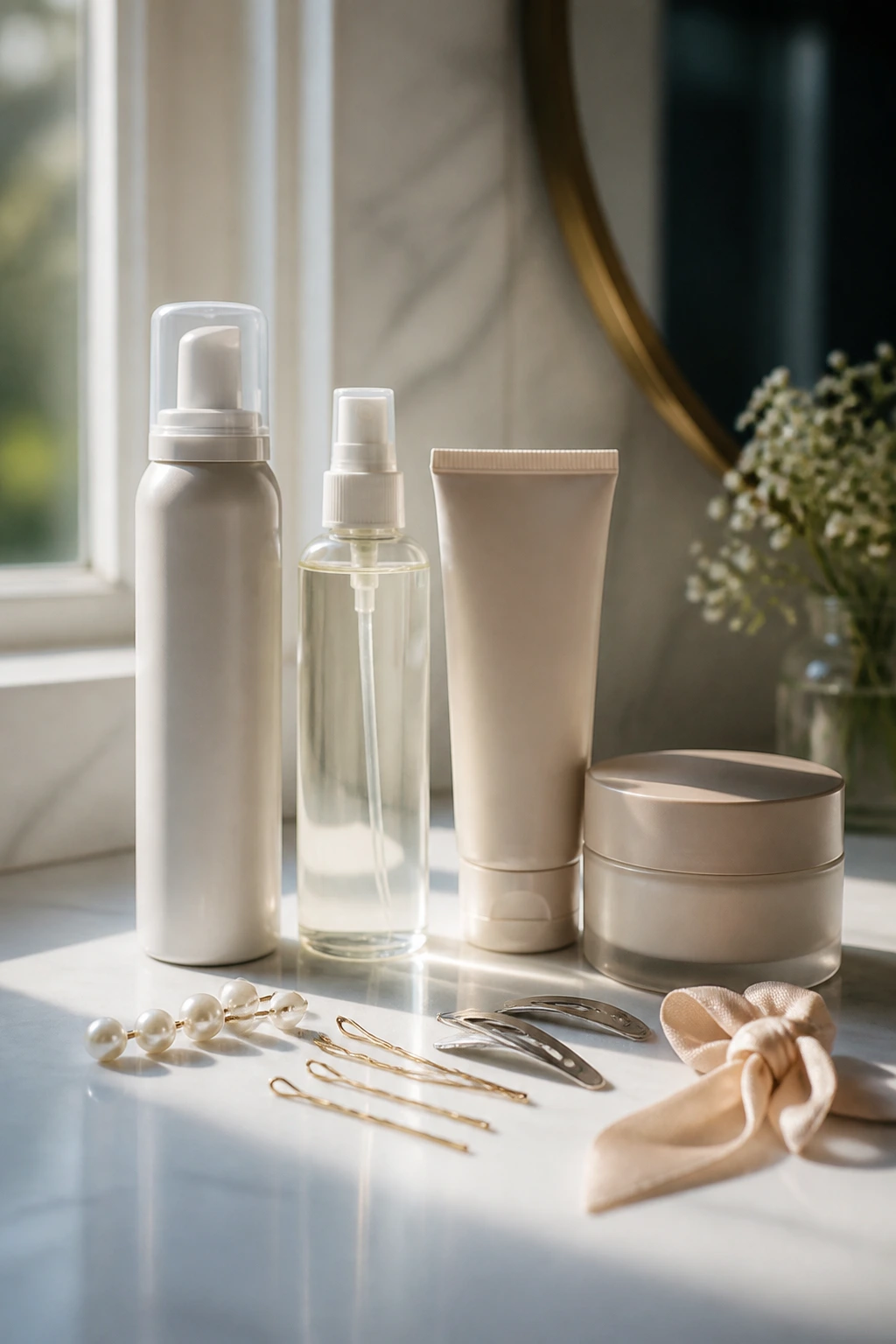 Close-up of lightweight hair products and accessories for short thick hair on a vanity.