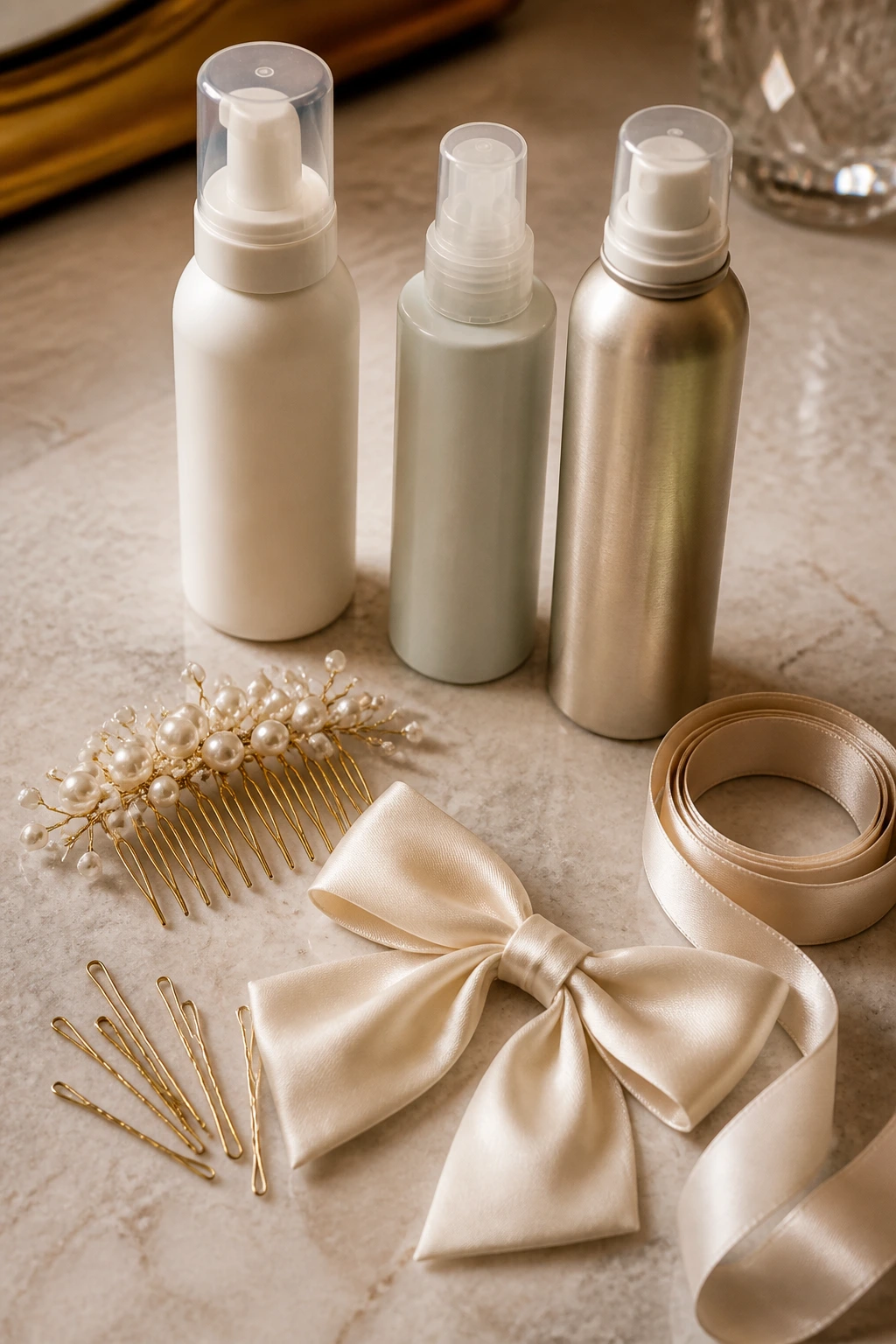 Selected hair products and accessories for thin wedding hair on a vanity