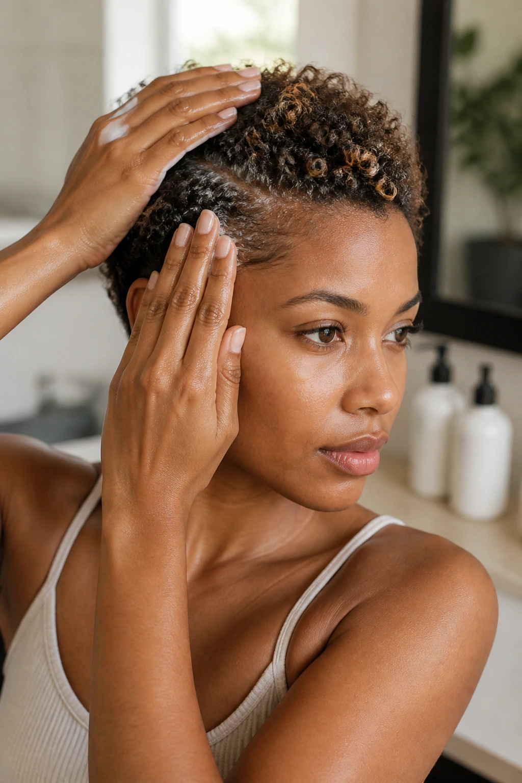 Close-up of hands applying hair products to short natural hair with babylights