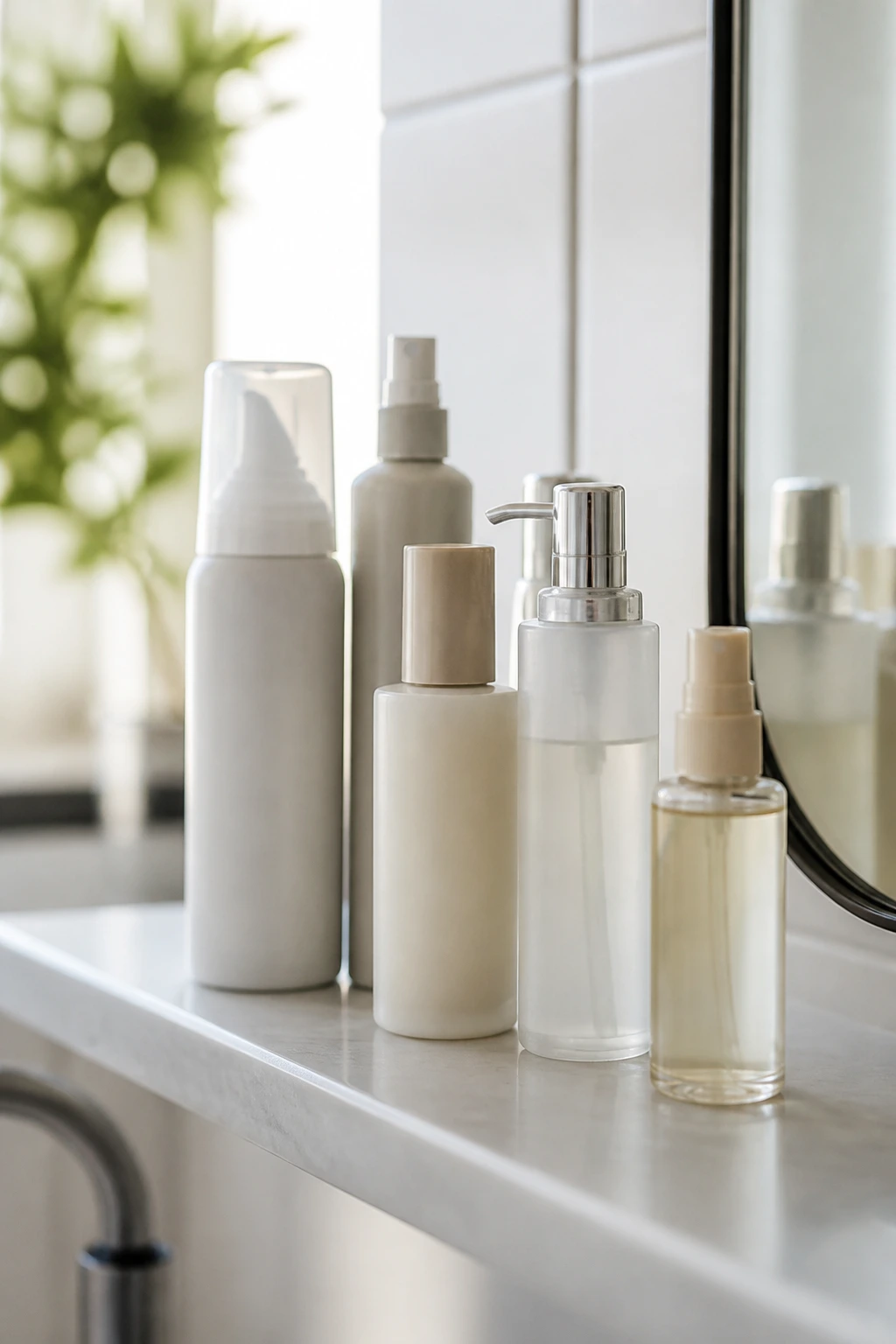 Close-up of unlabeled hair care bottles on a bright bathroom shelf
