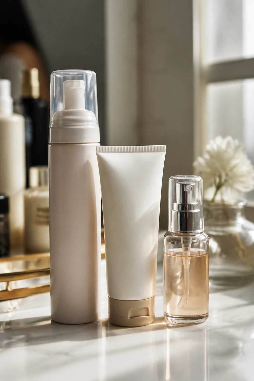 Close-up of soft, lightweight hair products on a sunny vanity.