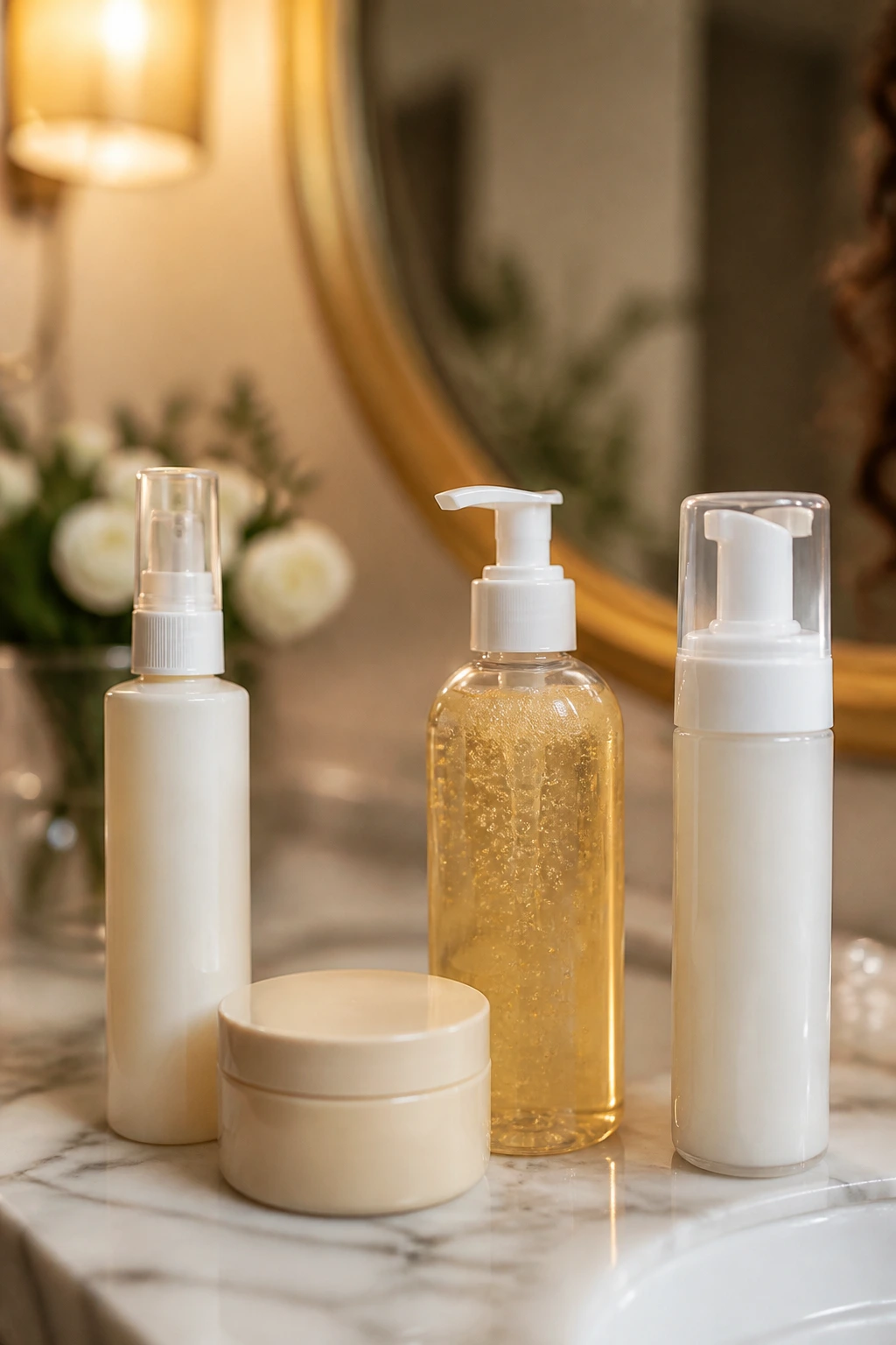 Collection of hair product bottles on a vanity for different curl finishes.