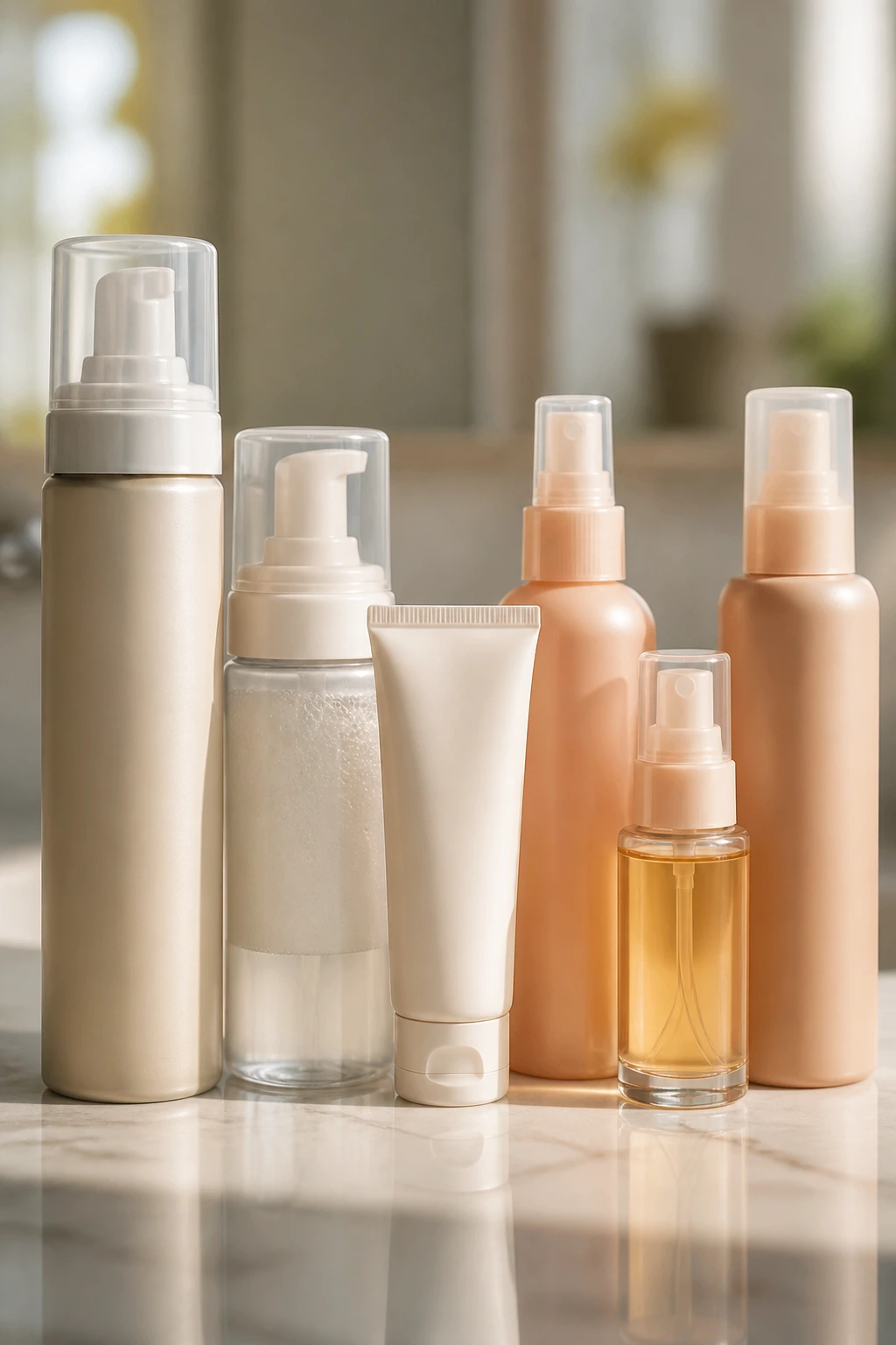 Close-up of unlabeled hair product bottles for frizz control on a bathroom counter