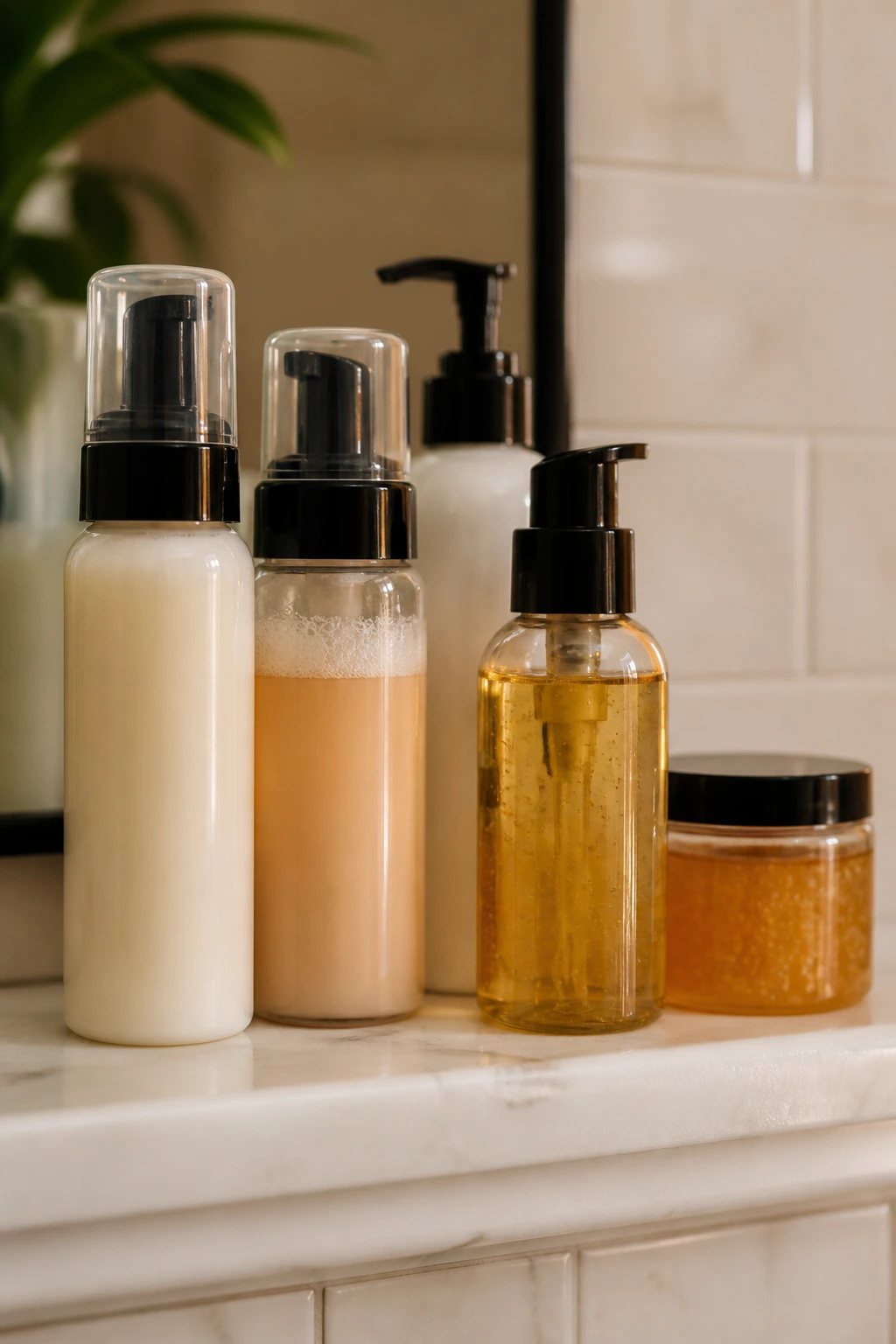 Assorted hair product bottles for layered hairstyles