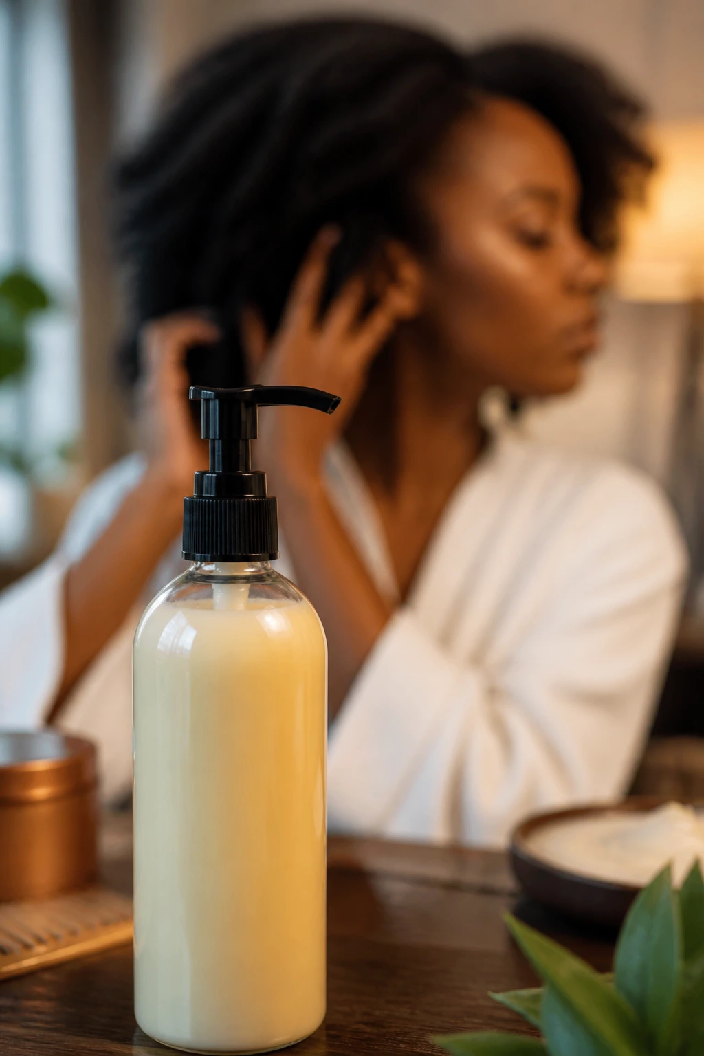 Leave-in conditioner bottle with hair styling backdrop