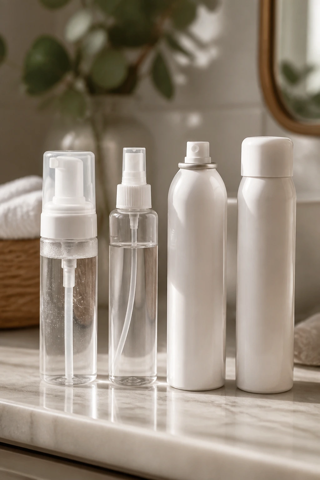 Close-up of unlabeled lightweight hair products on a bathroom counter