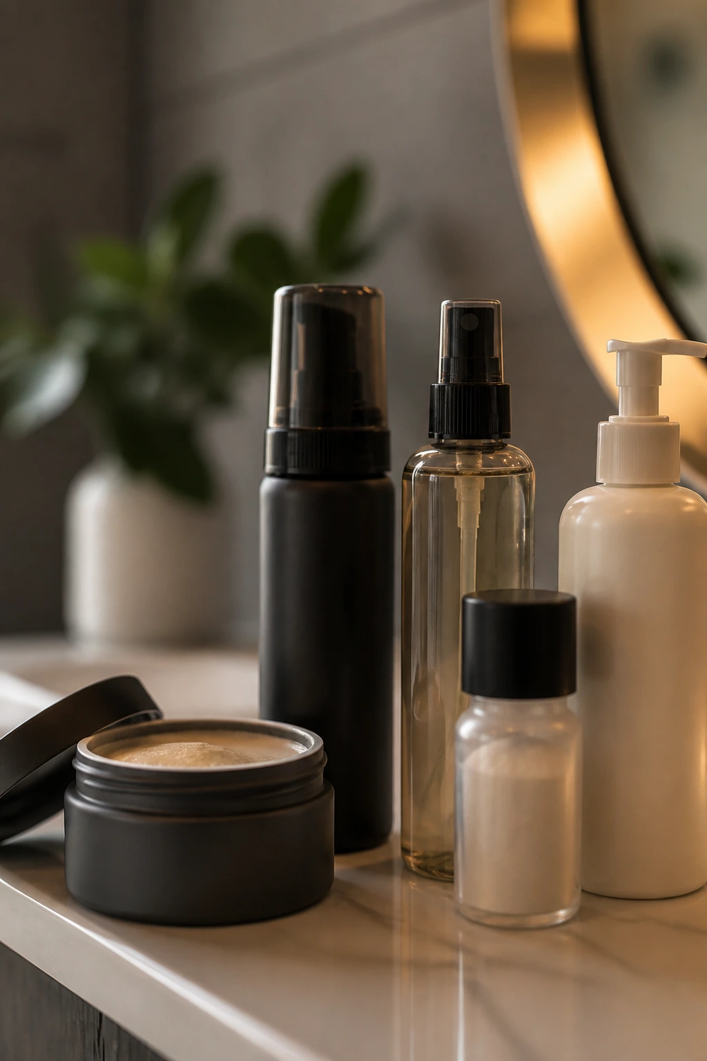 Unlabeled hair products for thin hair on bathroom shelf.
