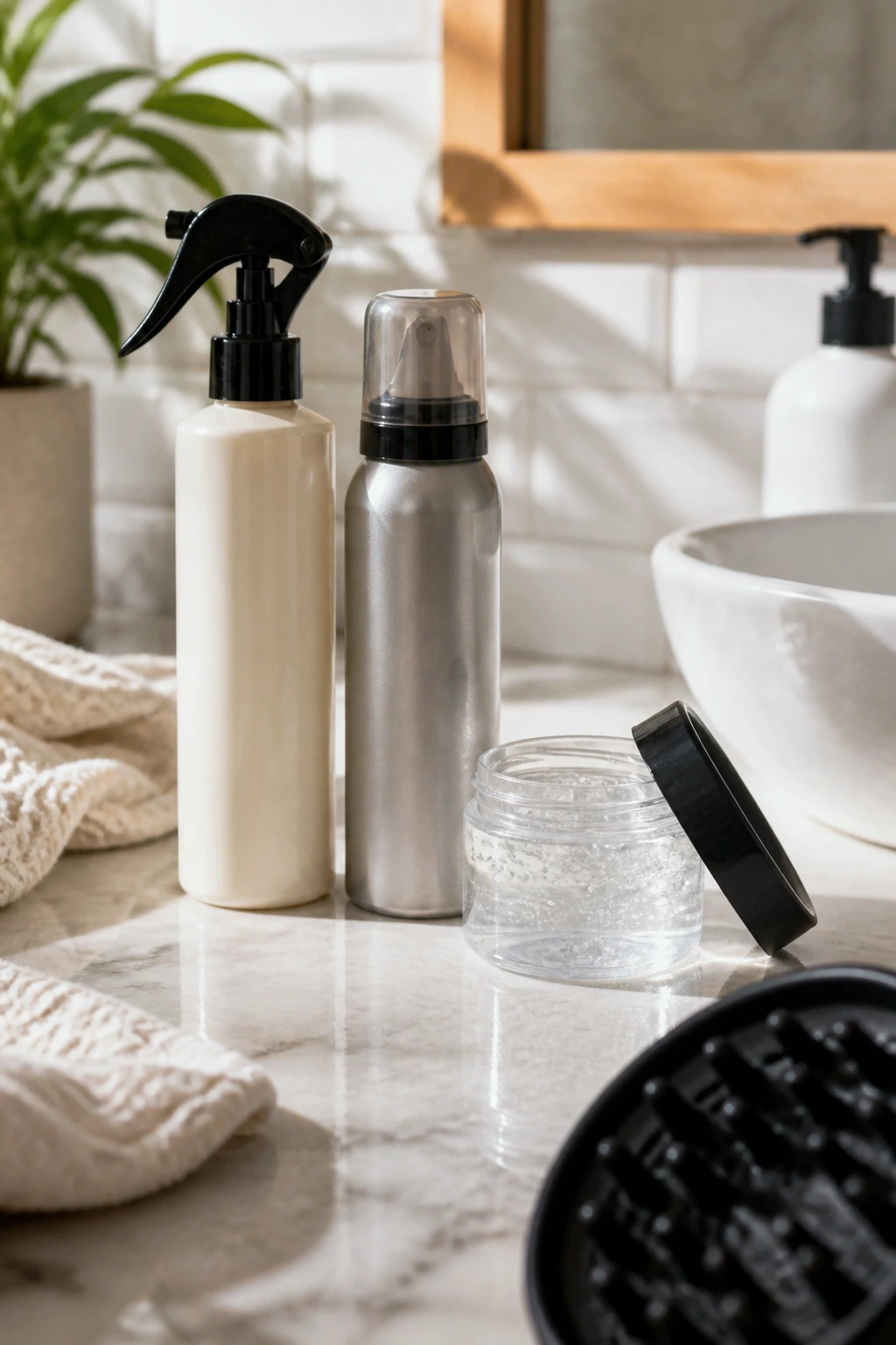 Still life of hair products for loose curls on a bathroom vanity