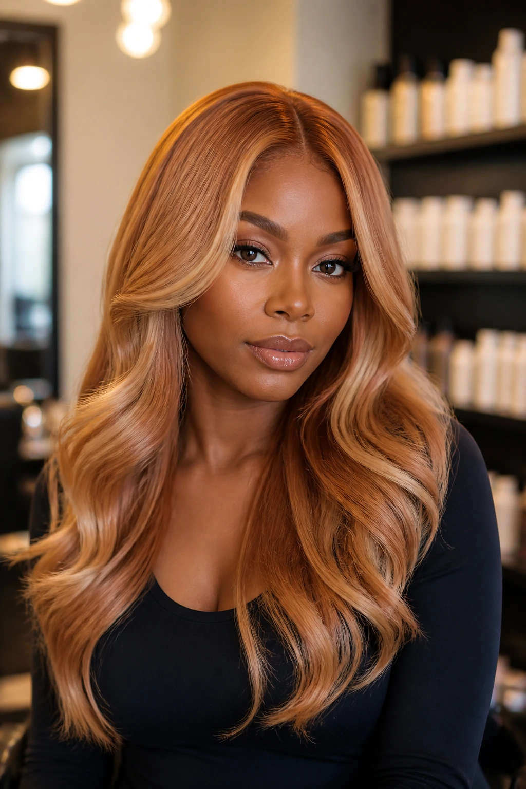 Portrait of person with blonde-red hair in salon with blurred product shelves