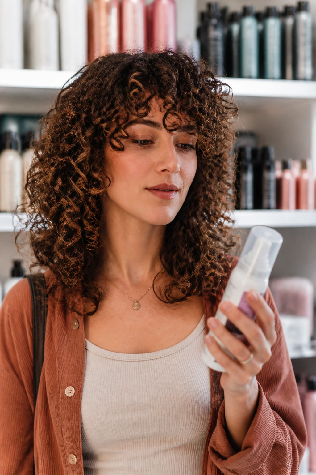 Person in hair-care store holding mousse bottle with hair visible