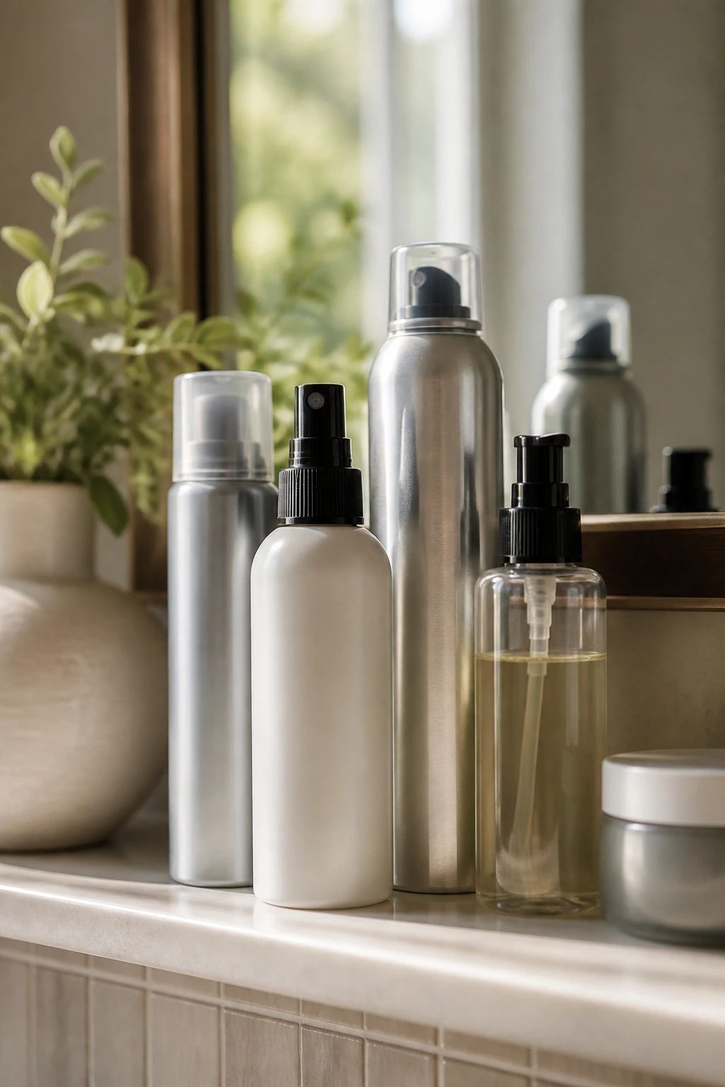 Close-up of lightweight hair products for texture and hold on a bathroom shelf