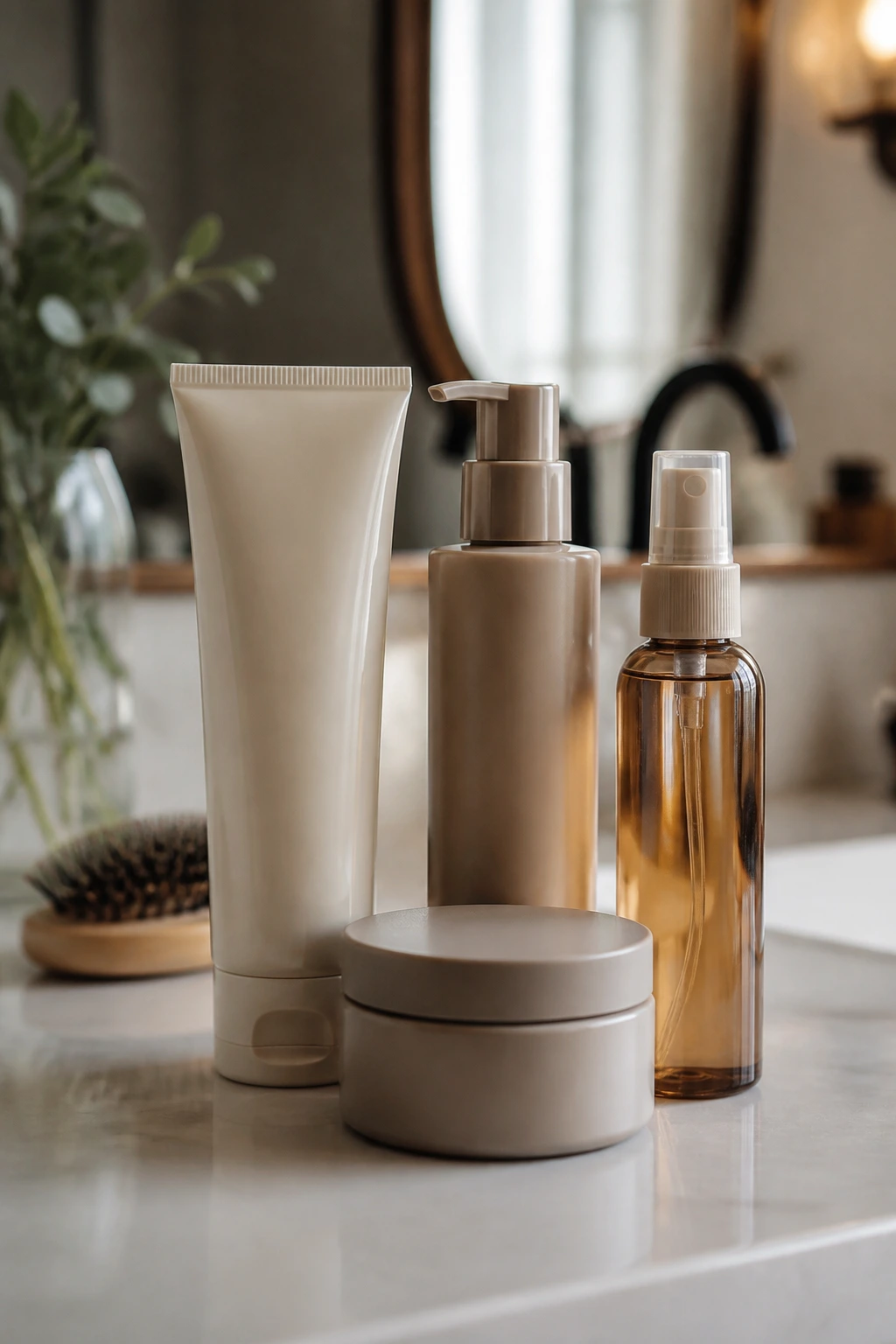 Product bottles arranged for thick hair and curtain bangs