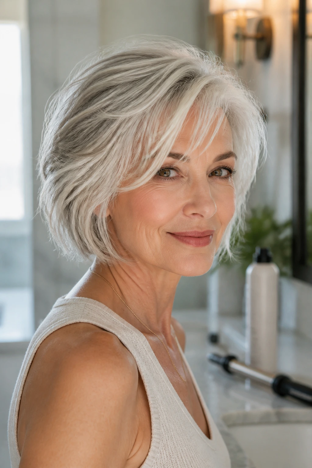 Portrait of a real woman with matte hair finish and hair tools in the background