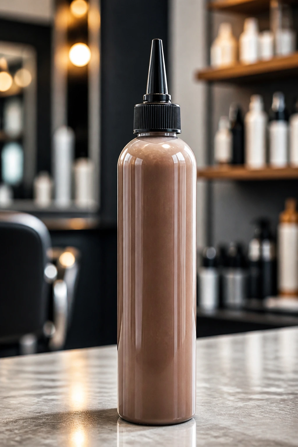 Unlabeled hair color gloss bottle on salon counter