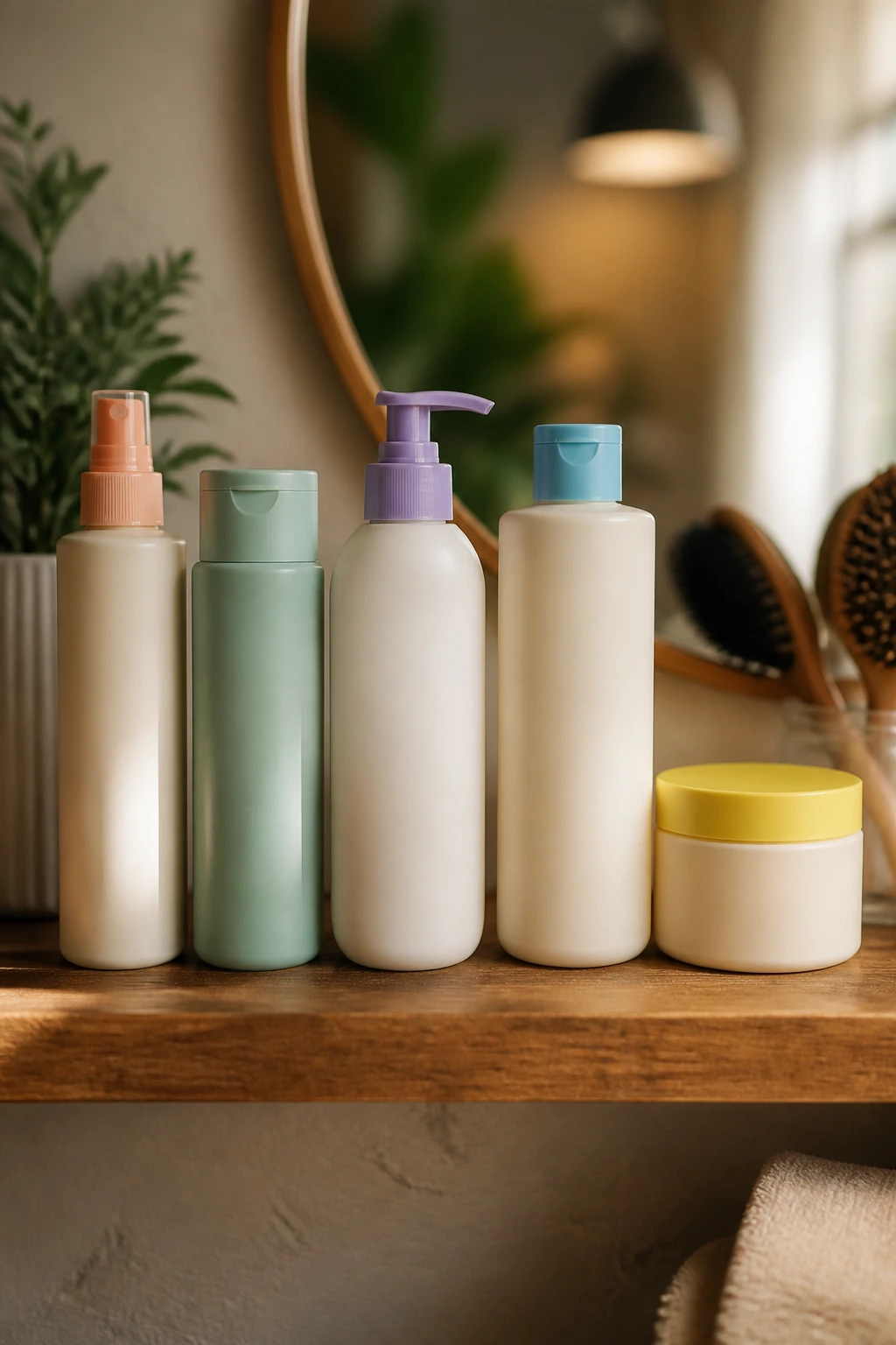 Still-life of color-coded hair product bottles on vanity for hair type styling