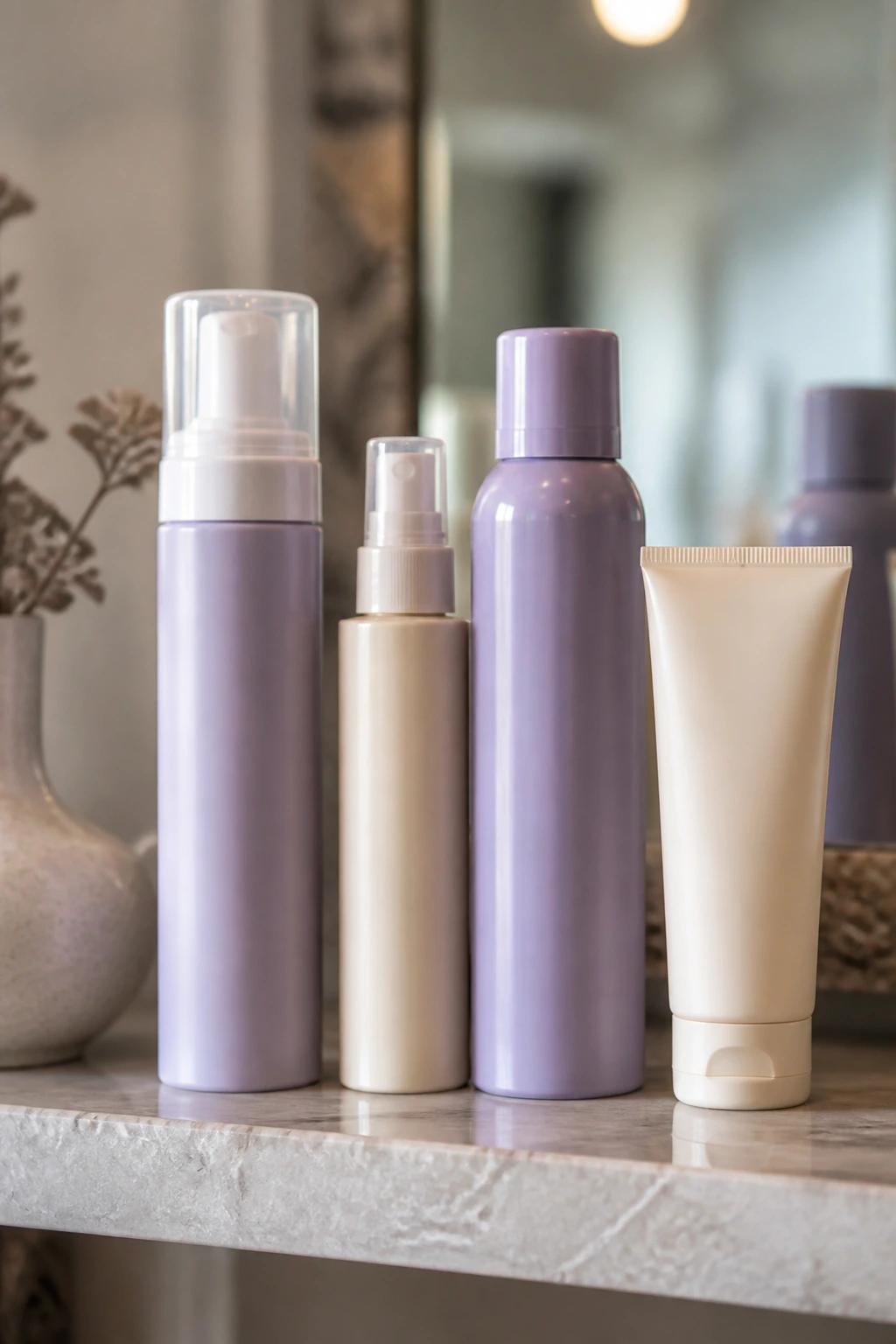 Unlabeled hair care bottles arranged on a clean shelf in a salon