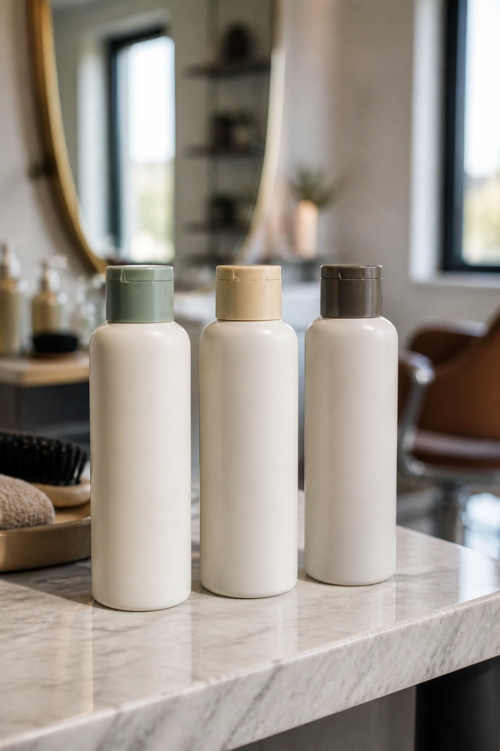 Unlabeled hair care bottles on a vanity showing choices for fine, medium, and thick waves