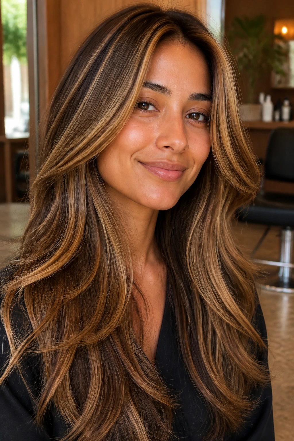 Close-up of a real woman with long layered hair and ribbon highlights.