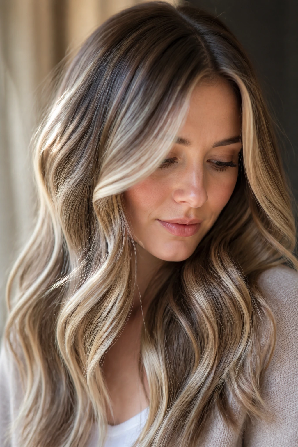 Portrait showing ribbons of blonde and brown in wavy hair