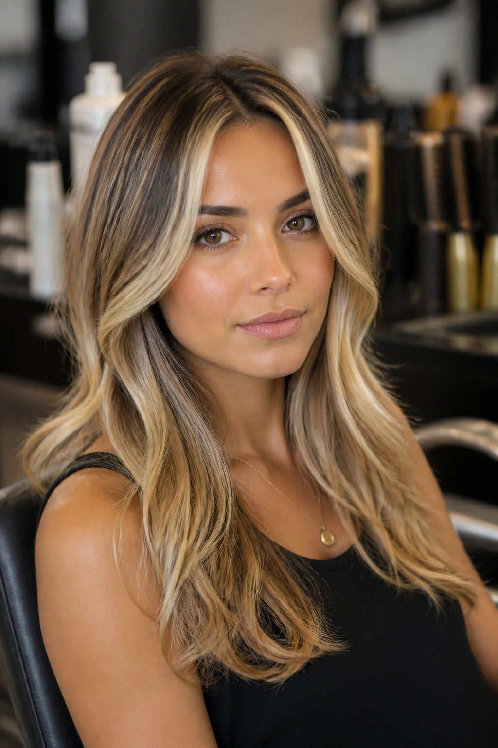 Close-up of a real woman in a salon chair with glossy blonde hair and balanced highlights