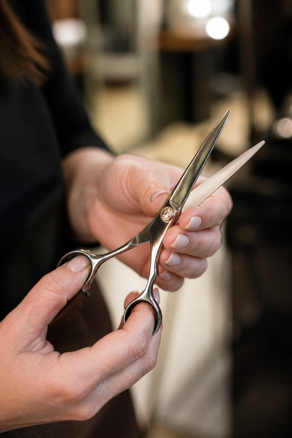 Close-up of hands holding professional hair scissors in a salon setting.
