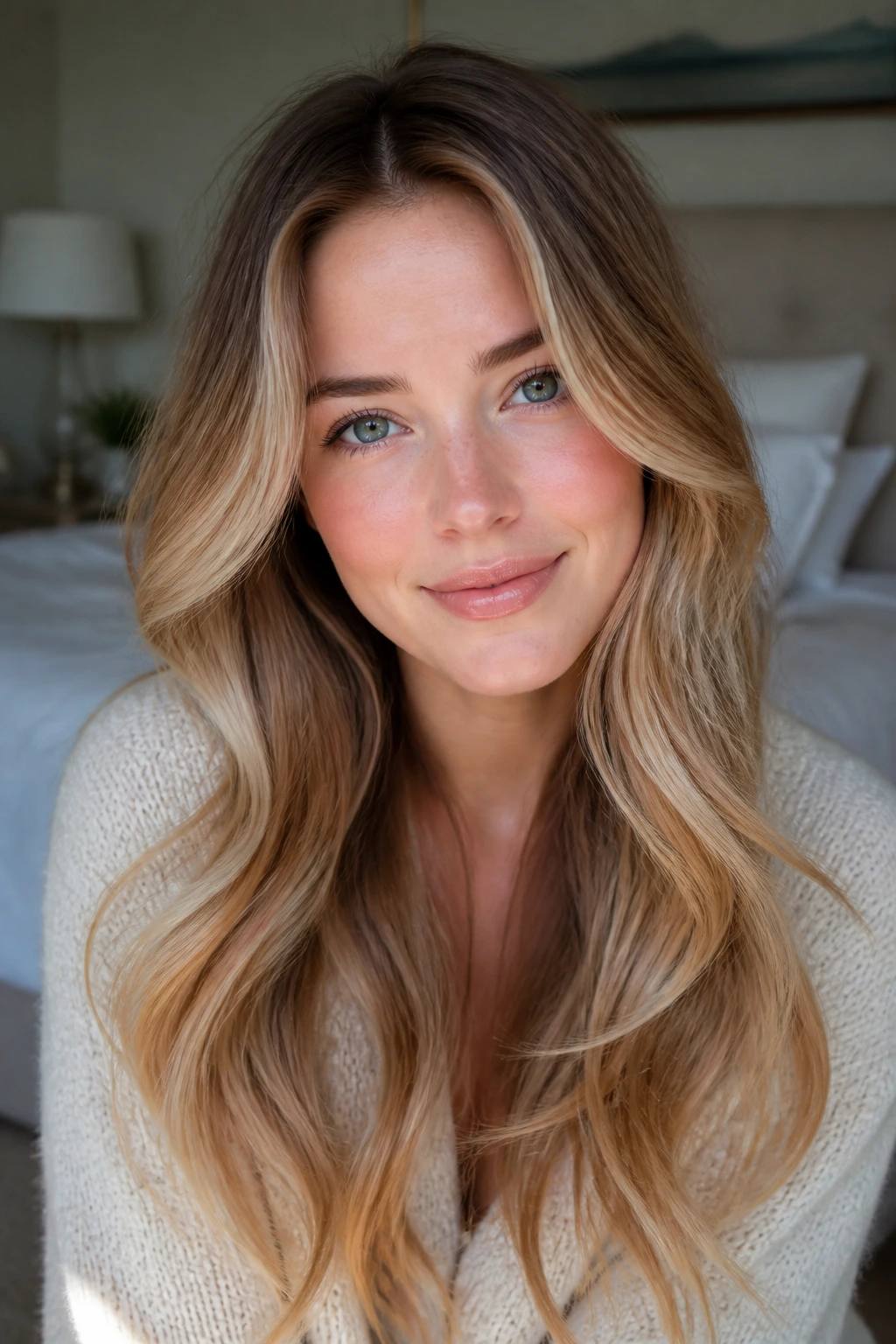 Close-up portrait of a fair-skinned person with a heart-shaped face showcasing balanced hair color depth at roots