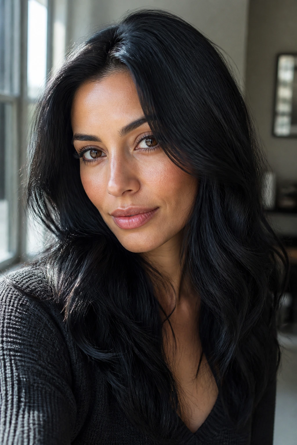 Portrait of person with blue-black hair in natural daylight showing shade depth