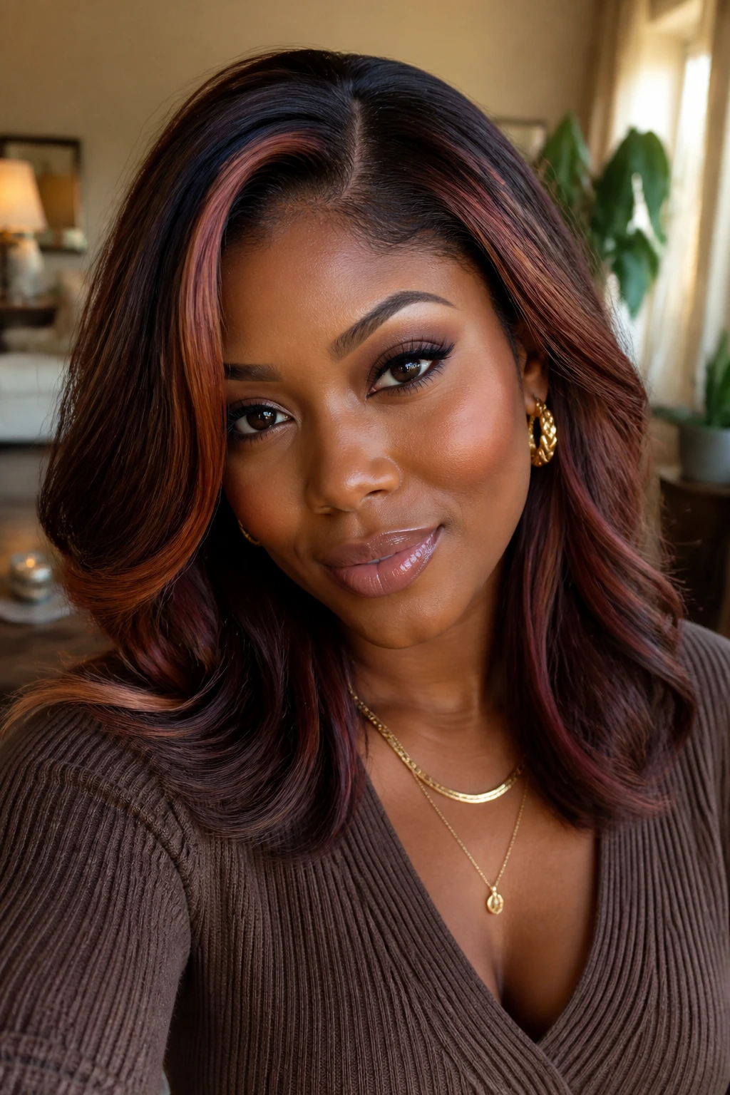 Close-up portrait of a woman with brunette hair accented by copper and plum highlights in warm window light