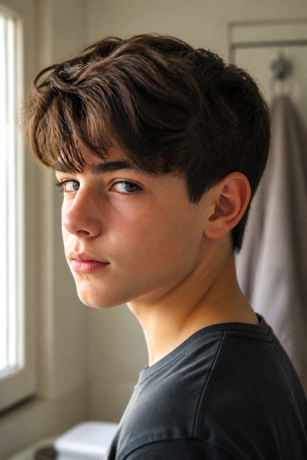 Portrait of a real boy with longer thick hair showing a tidy neckline.