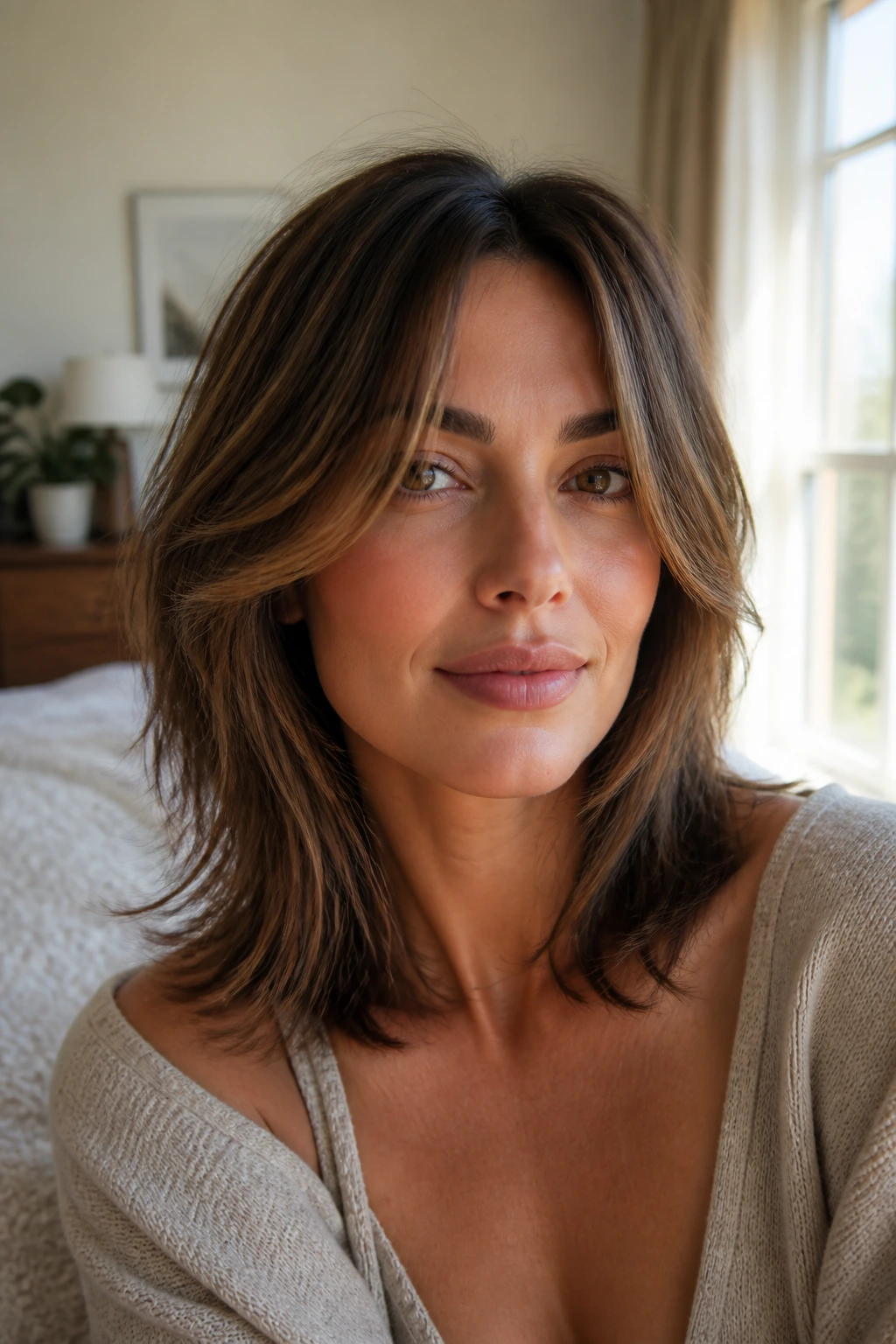 Portrait of a woman with face-framing layers showing maintained shape between visits