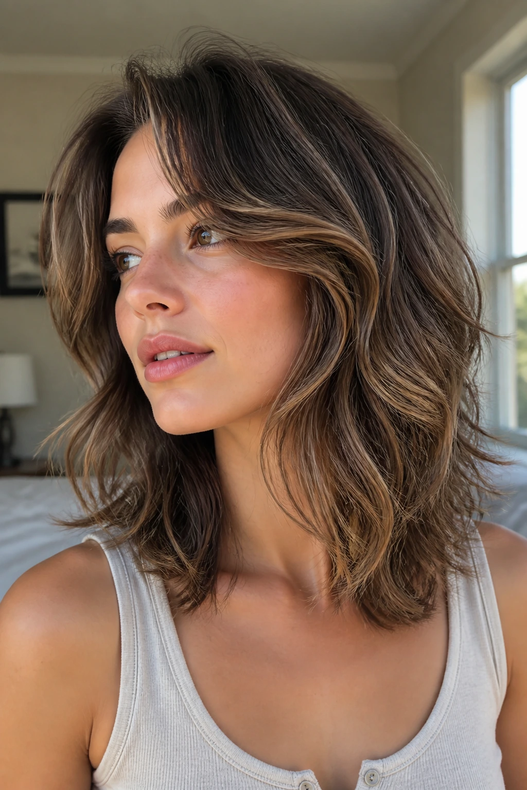 Close-up of a real person with medium-length wavy hair showing the hair shape in soft natural light