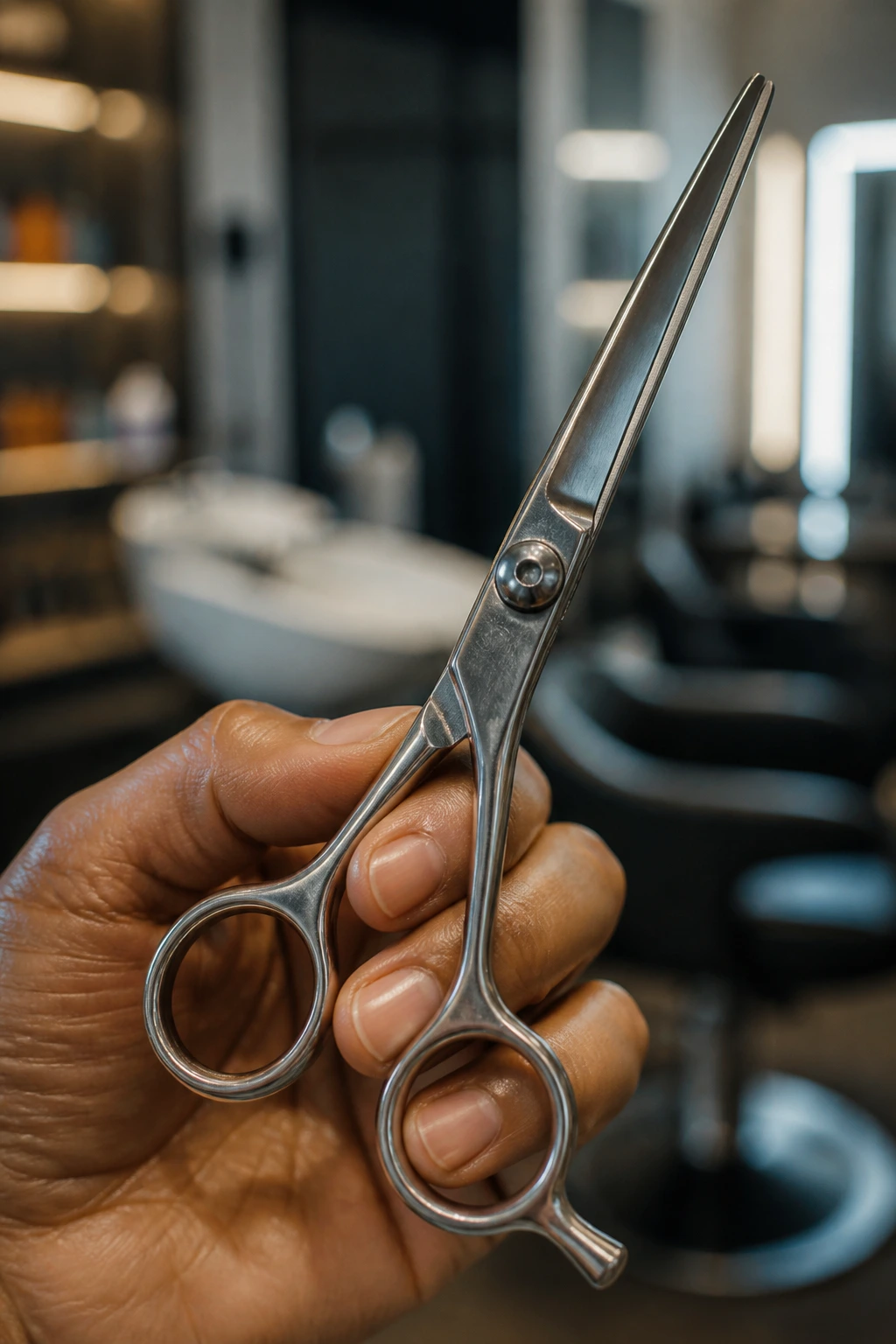 Close-up of a sharp hair shear in a salon