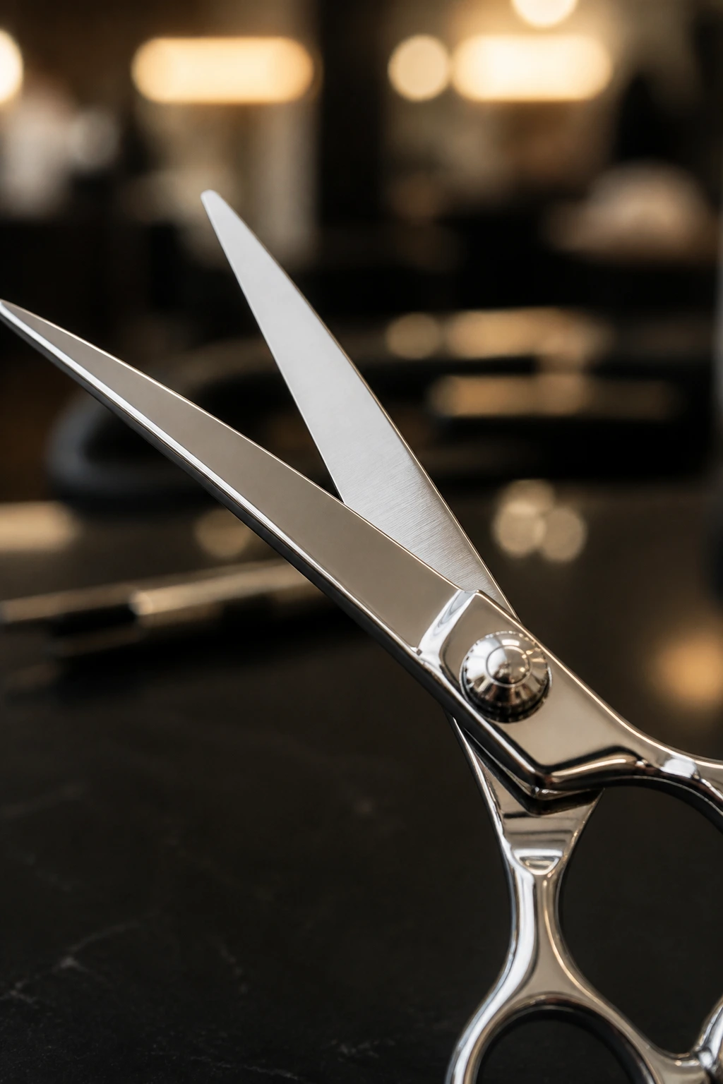 Close-up of sharp hair shears in a salon setting