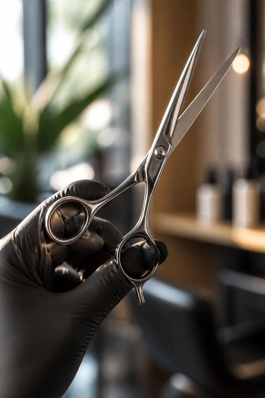 Close-up of hair cutting shears in a stylist's hand in a salon.