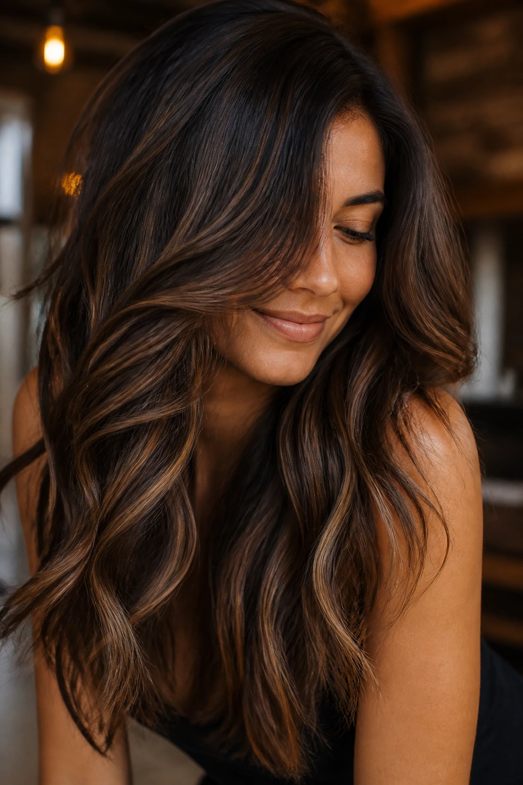 Portrait of a woman with luminous brunette hair and glossy ends.