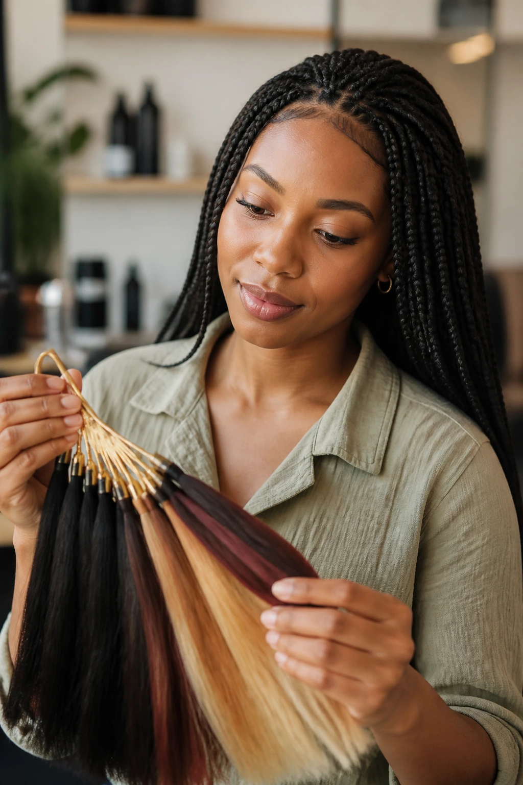 Portrait of a woman selecting hair options with a thoughtful look