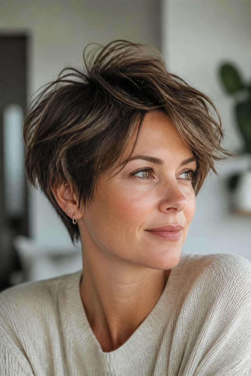 Woman with crown lift and separated ends in a short cut