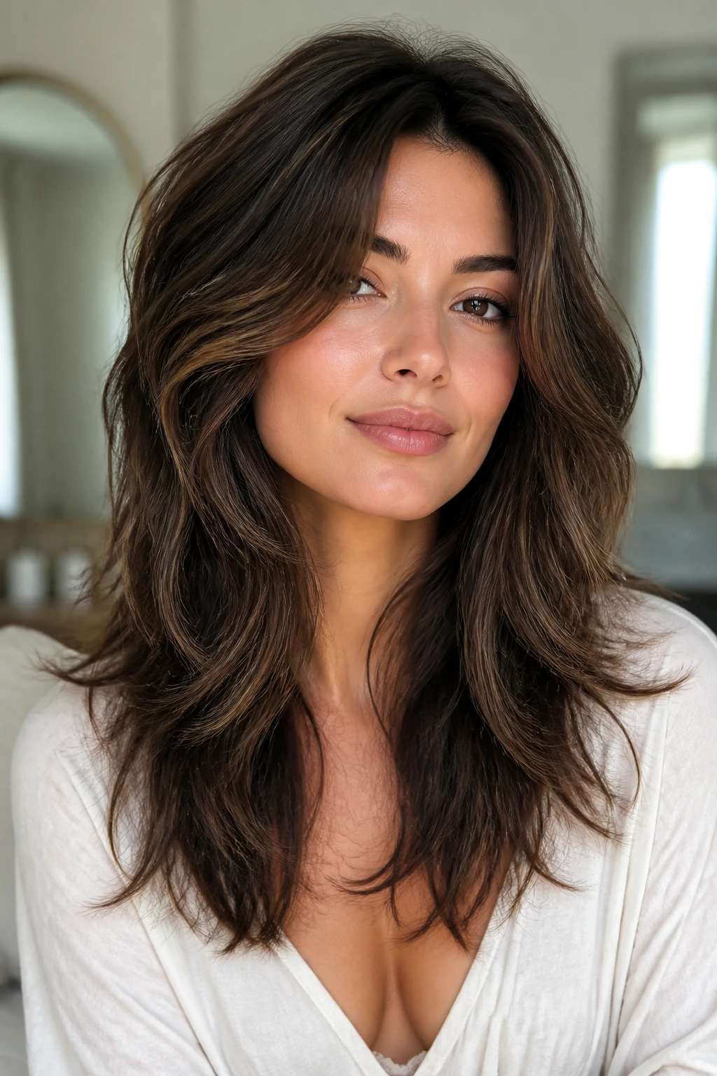 Close-up portrait of a real woman with layered tousled hair in a softly lit room