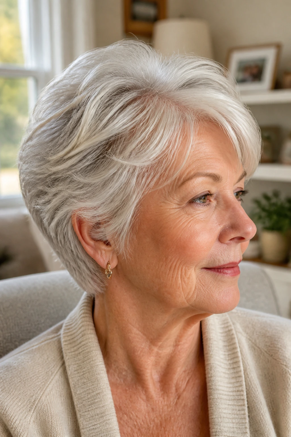 Close-up profile of a real person with styled white hair showing shape and lift