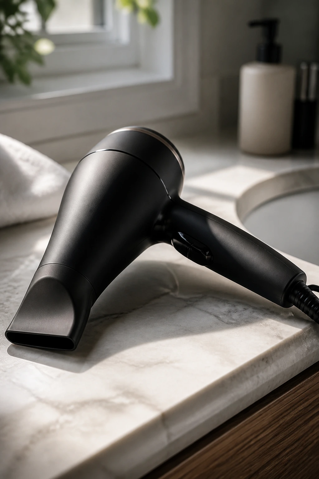Close-up of a hair styling tool on a bathroom vanity with natural light.