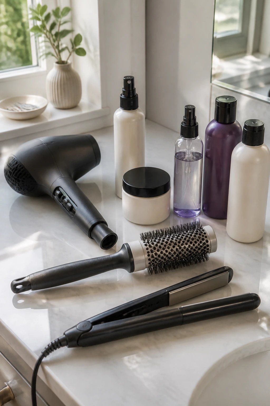 Top-down still life of essential hair styling tools for a bob with side-swept bangs