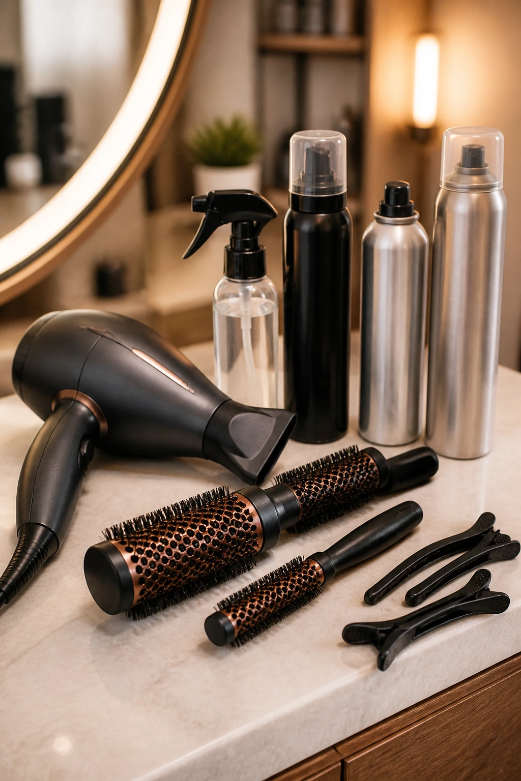 Close-up of hair styling tools on a counter in a salon-like setting