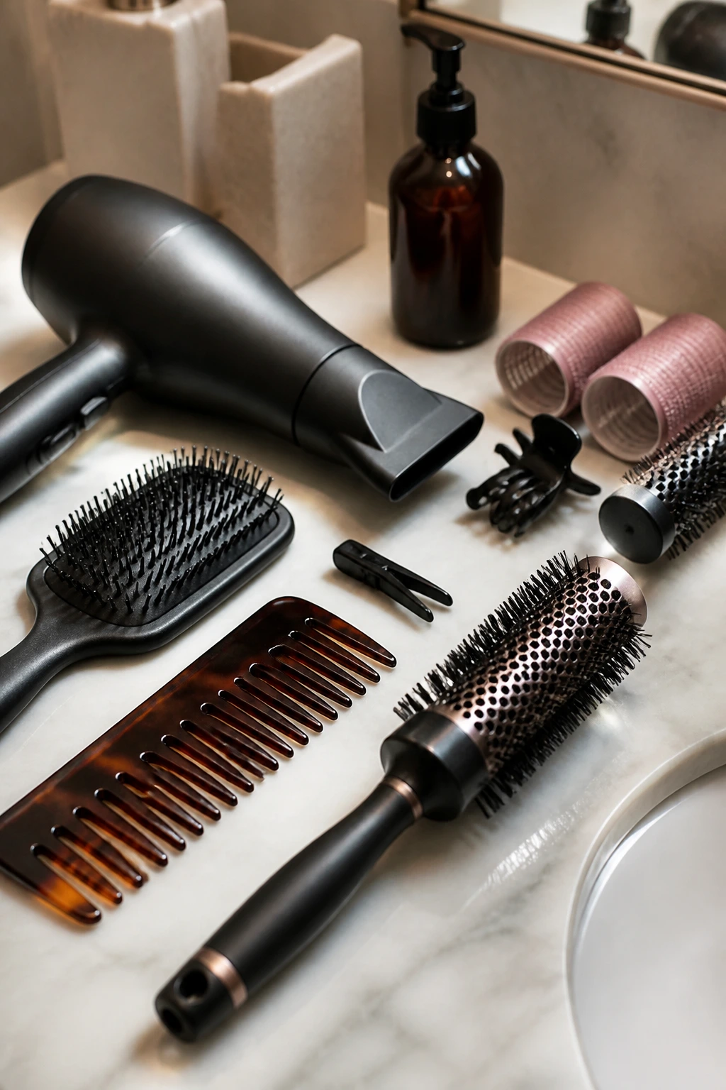 Close-up of hair styling tools on a counter
