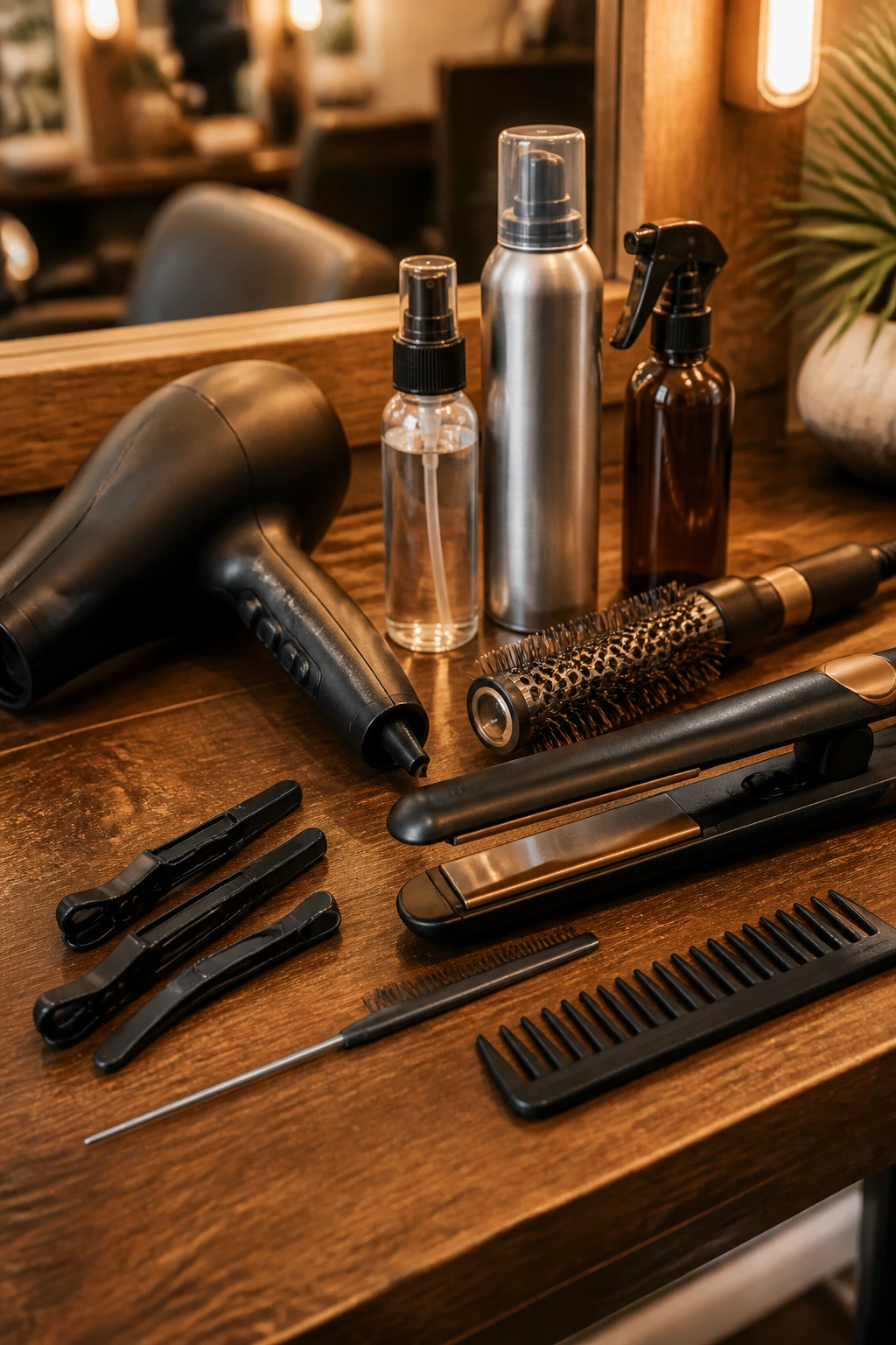 Still life of essential hair styling tools on a wooden vanity