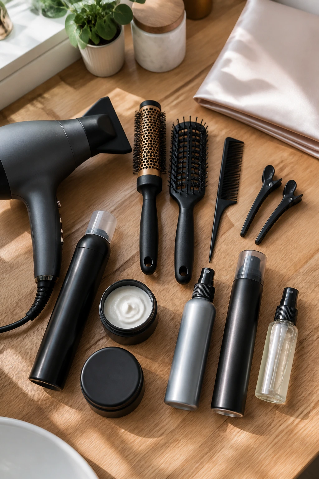 Still life of essential hair-styling tools on wooden surface, no branding