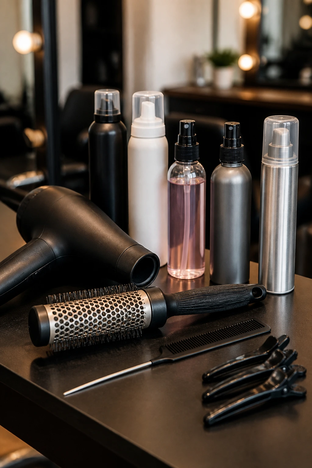 Salon tools arranged on station for bob styling.