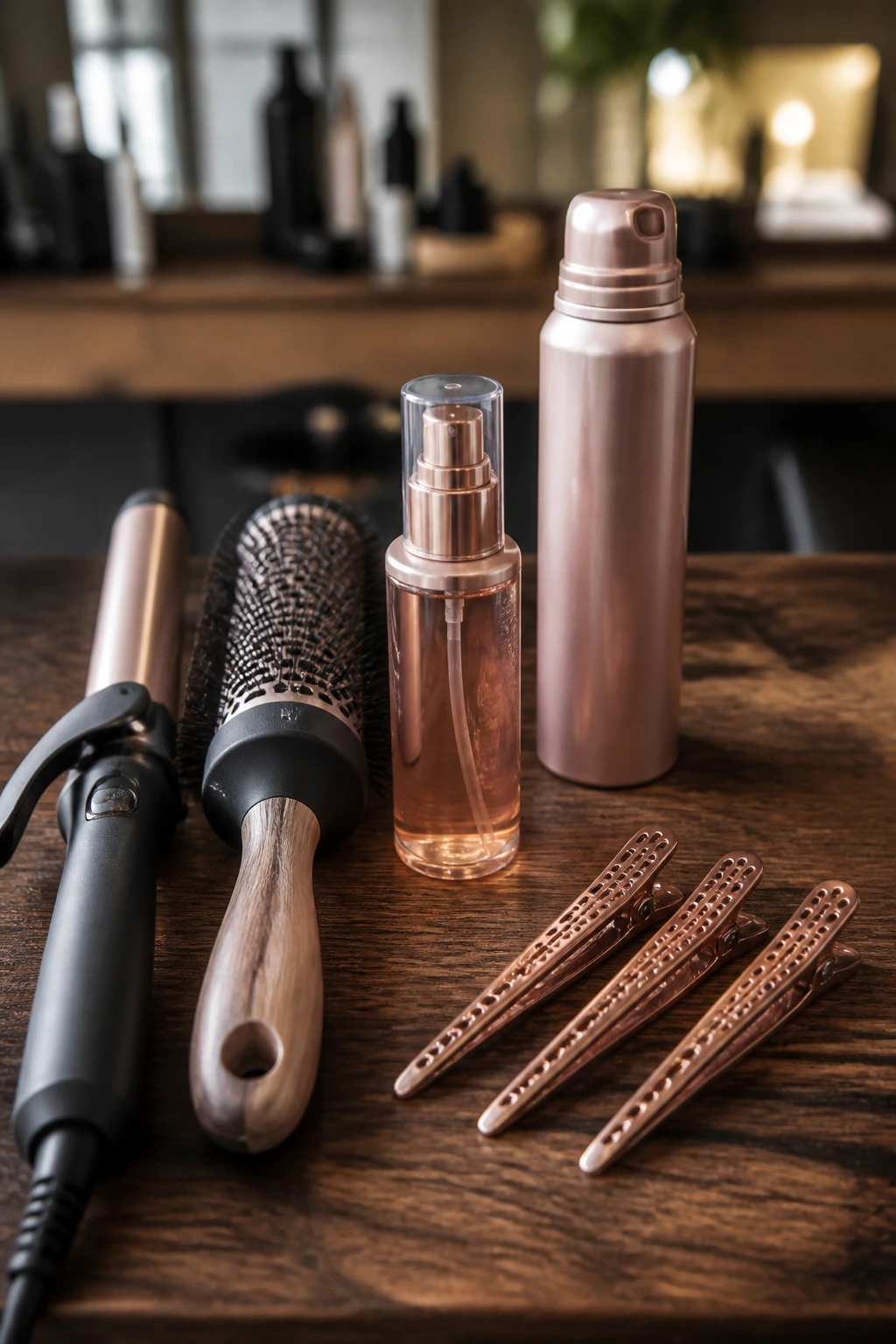 Top-down view of hair styling tools arranged on a wooden surface.